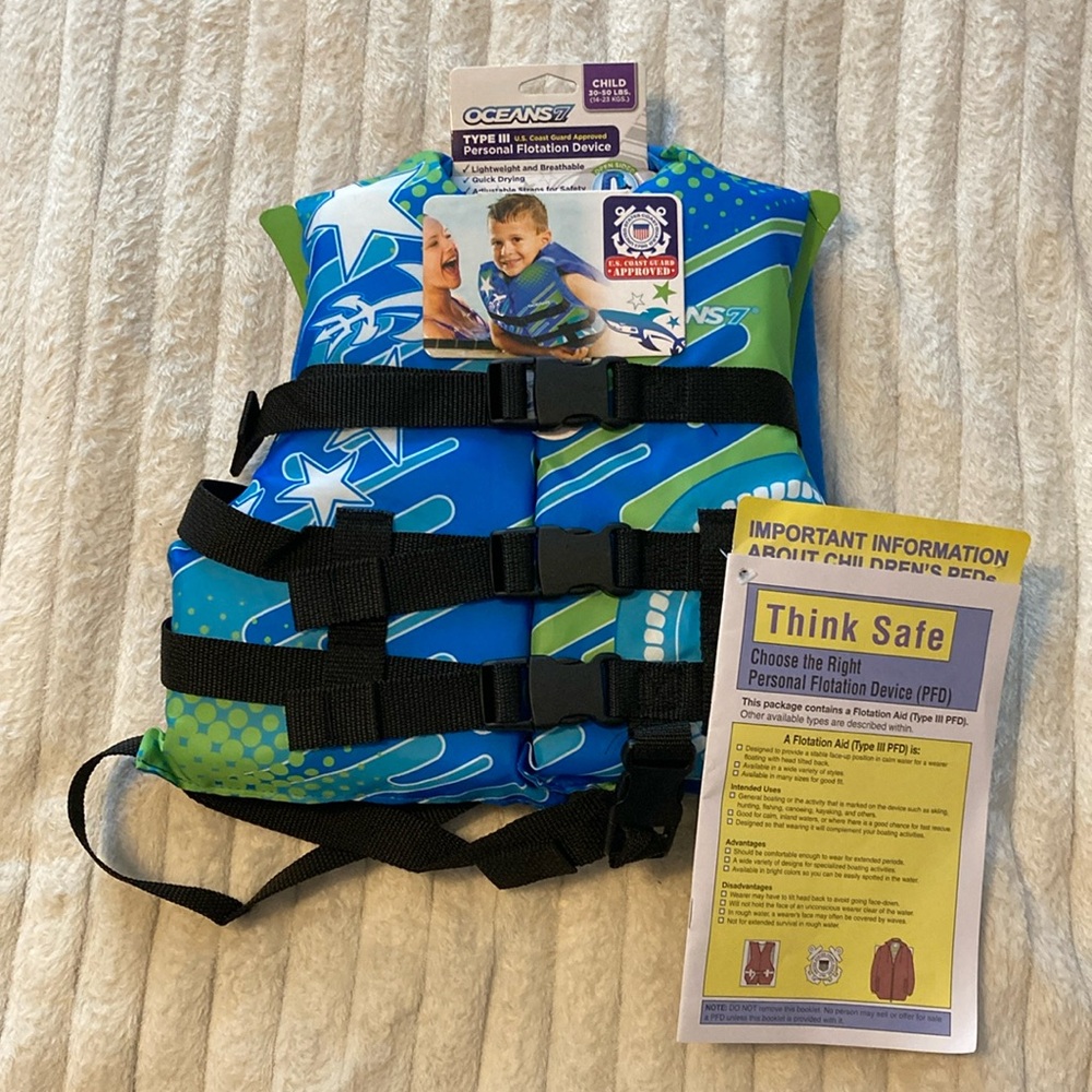 NWT Blue and Green Life Jacket with Star Patterns